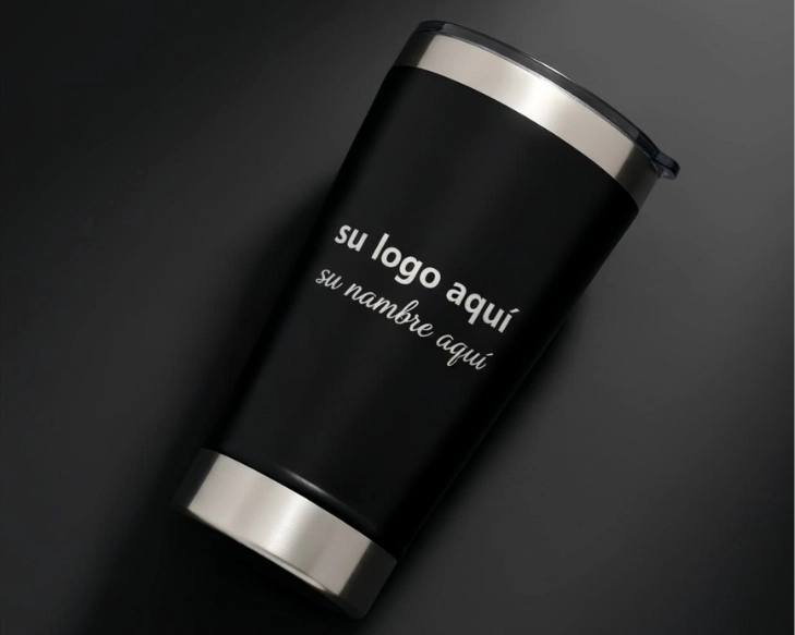 Vaso térmico negro personalizado con logo de empresa